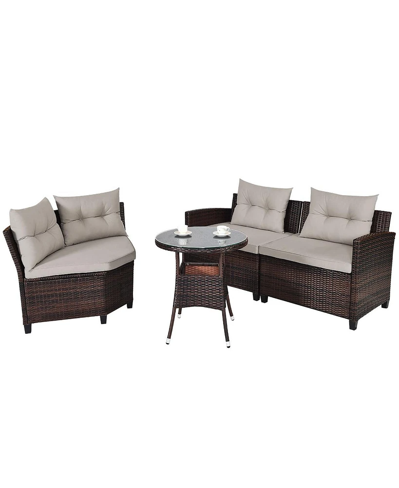 Gymax 4PCS Rattan Outdoor Patio Furniture Set Sectional Sofa Table w/ Cushions