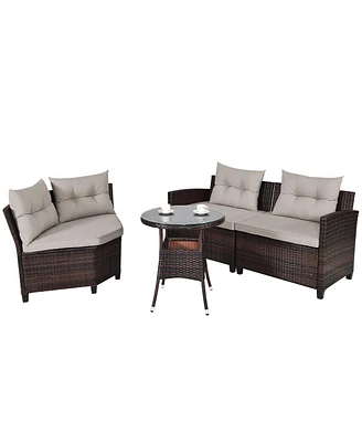 Gymax 4PCS Rattan Outdoor Patio Furniture Set Sectional Sofa Table w/ Cushions