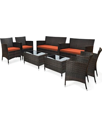 Gymax Set of 8 Outdoor Patio Rattan Conversation Furniture Set w/ Cushion Table