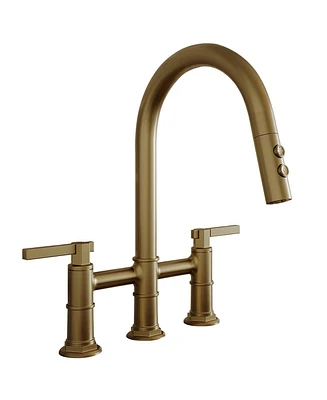 Modern Double Handle 3-Holes Deck Mount Bridge Kitchen Faucet with 2-Sprayer Patterns and 360 Swivel Spout in
