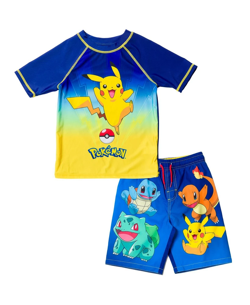 Pokemon Boys Pikachu Upf 50+ Rash Guard Swim Trunks Outfit Set to