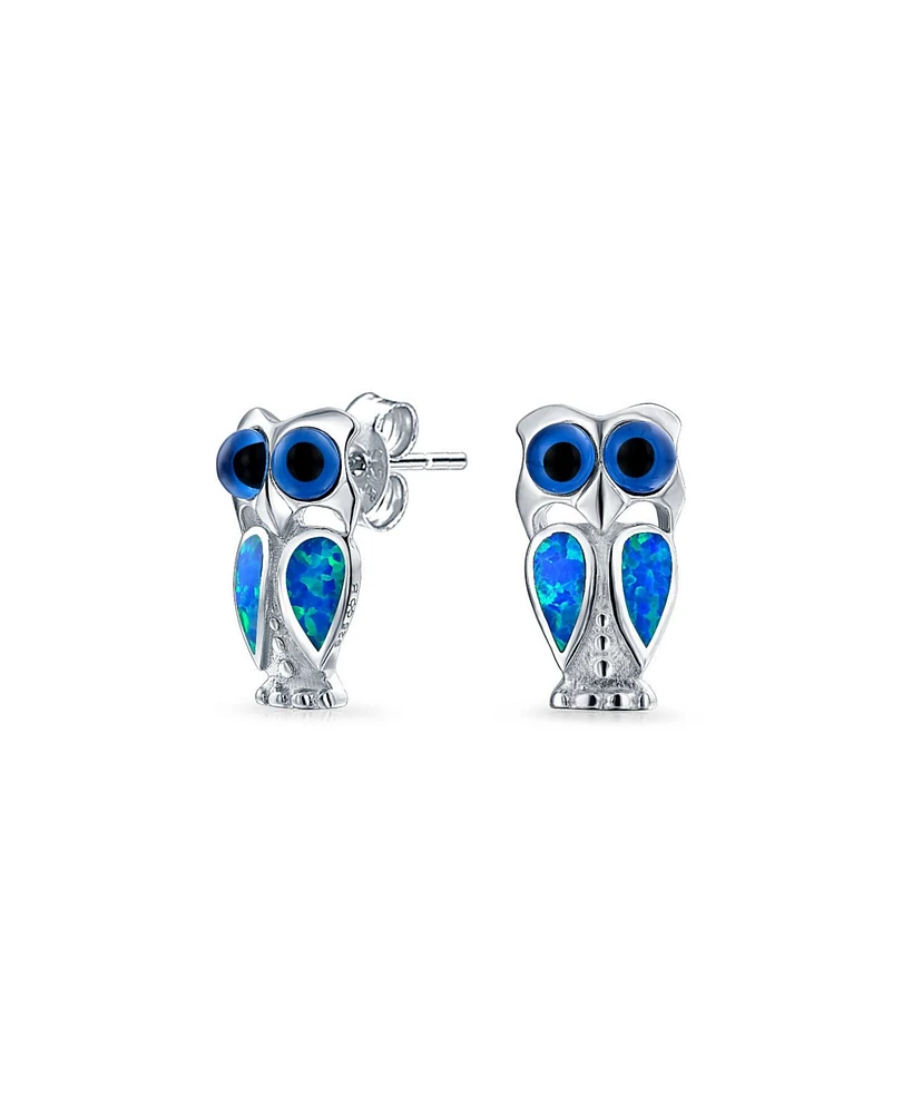 Bling Jewelry Opalescent Blue Created Opal Wide Eye Pet Animal Lucky Wise Bird Owl Stud Earrings .925 Sterling Silver