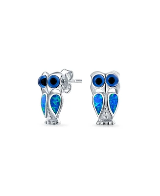 Bling Jewelry Opalescent Blue Created Opal Wide Eye Pet Animal Lucky Wise Bird Owl Stud Earrings .925 Sterling Silver