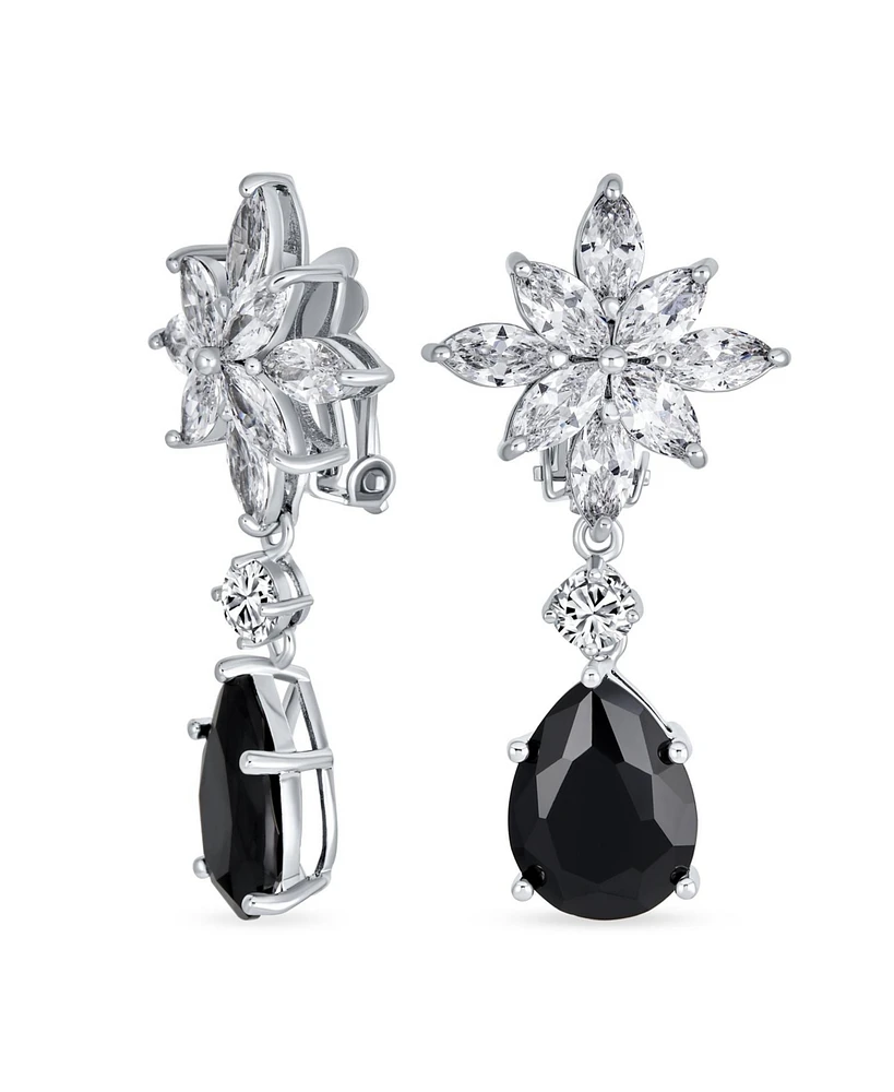 Bling Jewelry Art Deco Style Cluster Floral Cz Cubic Zirconia Statement Dangle Teardrop Chandelier Clip On Earrings Silver Plated