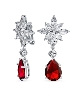Bling Jewelry Art Deco Style Cluster Floral Cz Cubic Zirconia Statement Dangle Teardrop Chandelier Clip On Earrings Silver Plated