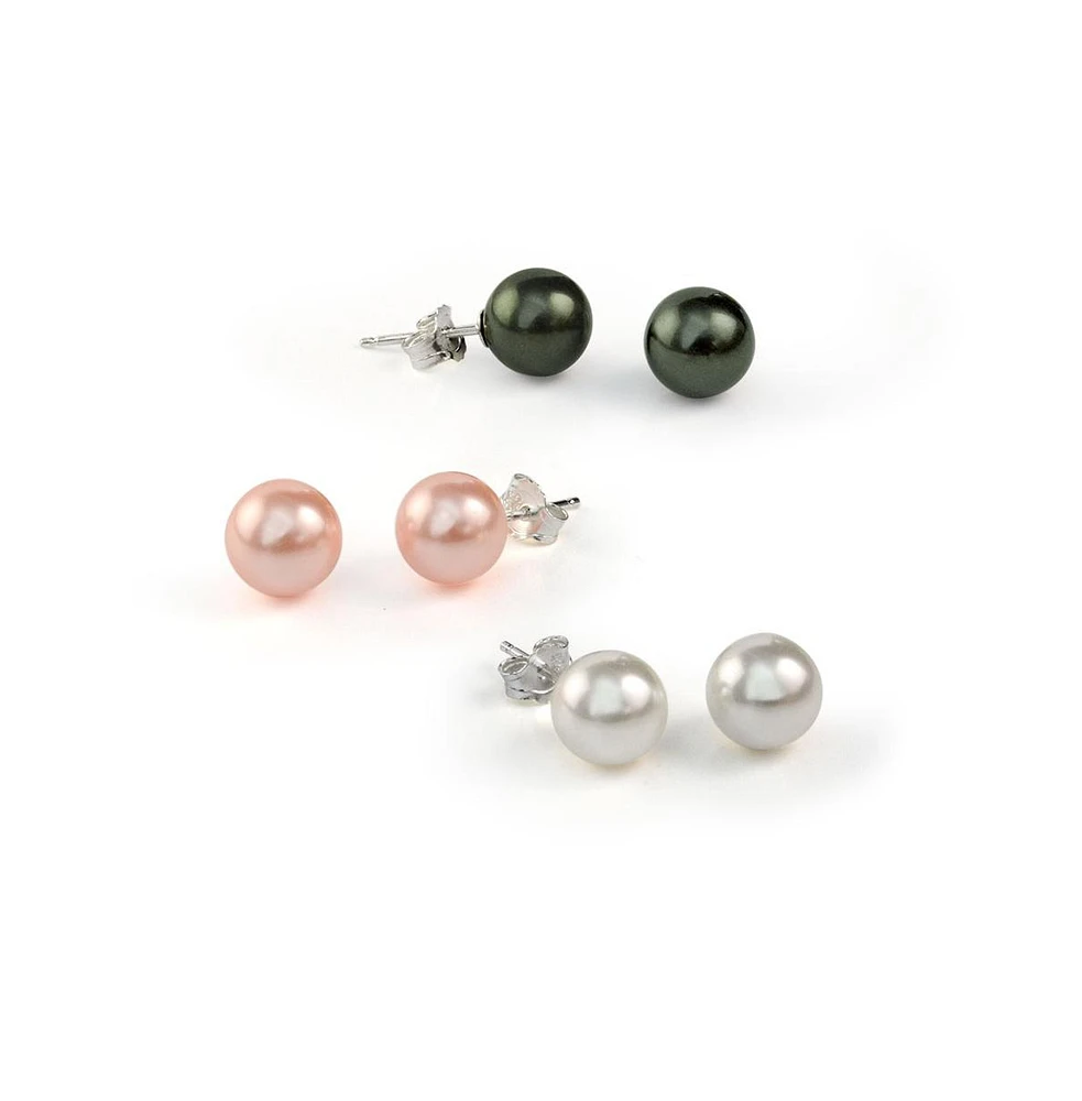 Bling Jewelry Set Of 3 White Black Pink Simulated Pearl Stud Ball Earrings Sterling Silver 8MM