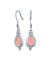 Bling Jewelry Antique Cable Milgrain Cameo Style Teardrop Iridescent White Created Opal Drop Dangle Earrings .925 Sterling Silver French Wire