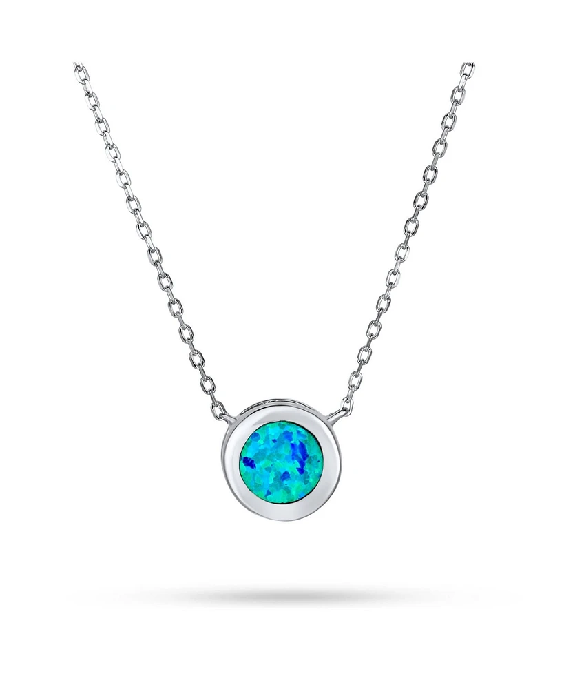 Bling Jewelry Classic Round 1CT Solitaire Bezel Set Blue White Fire Orange Created Opal Pendant Station Necklace Gold Plated.925 Sterling Silver