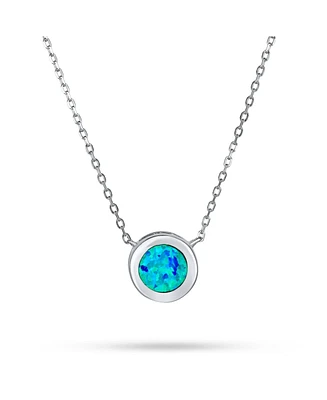 Bling Jewelry Classic Round 1CT Solitaire Bezel Set Blue White Fire Orange Created Opal Pendant Station Necklace Gold Plated.925 Sterling Silver