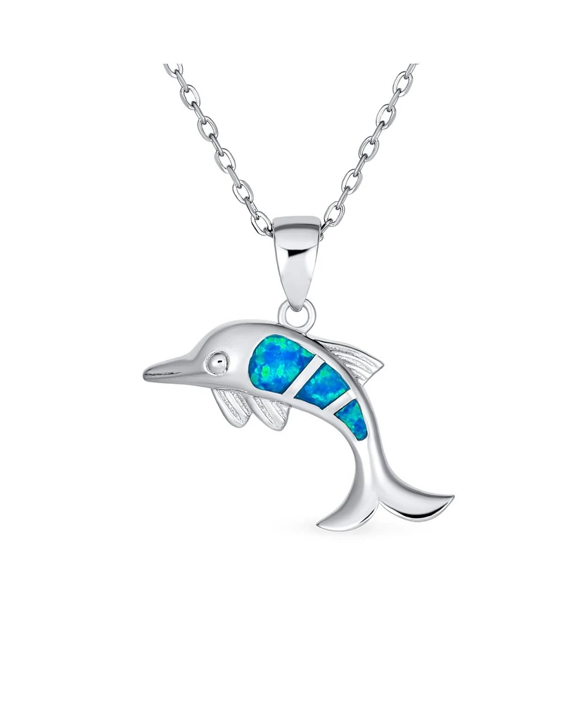 Bling Jewelry Created Blue Opal Inlay Nautical Ocean Marine Hawaiian Vacation Sea Life Dolphin Dangling Pendant Necklace .925 Sterling Silver