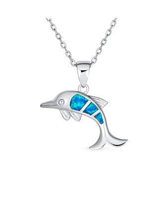 Bling Jewelry Created Blue Opal Inlay Nautical Ocean Marine Hawaiian Vacation Sea Life Dolphin Dangling Pendant Necklace .925 Sterling Silver