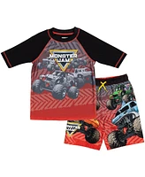 Monster Jam Boys Pullover Rash Guard and Swim Trunks Outfit Set