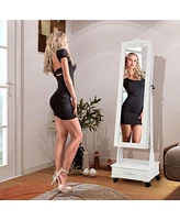 Rolling Floor Standing Mirrored Jewelry Armoire with Lock and Drawers