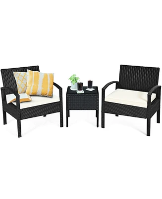 Gymax 3 Piece Patio Rattan Furniture Set Conversation Sofa w/ Cushions