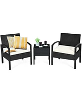 Gymax 3 Piece Patio Rattan Furniture Set Conversation Sofa w/ Cushions