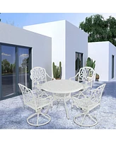 5-Piece Cast Aluminum Outdoor Dining Set Patio Table with Umbrella Hole Outdoor Swivel Rockers Patio Dining Chairs in White