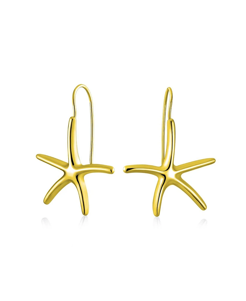 Bling Jewelry Nautical Tropical Beach Large Starfish Dangle Drop Threader Earrings Fish Hook Wire Gold Plated