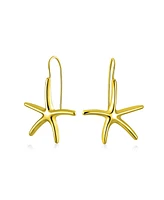 Bling Jewelry Nautical Tropical Beach Large Starfish Dangle Drop Threader Earrings Fish Hook Wire Gold Plated