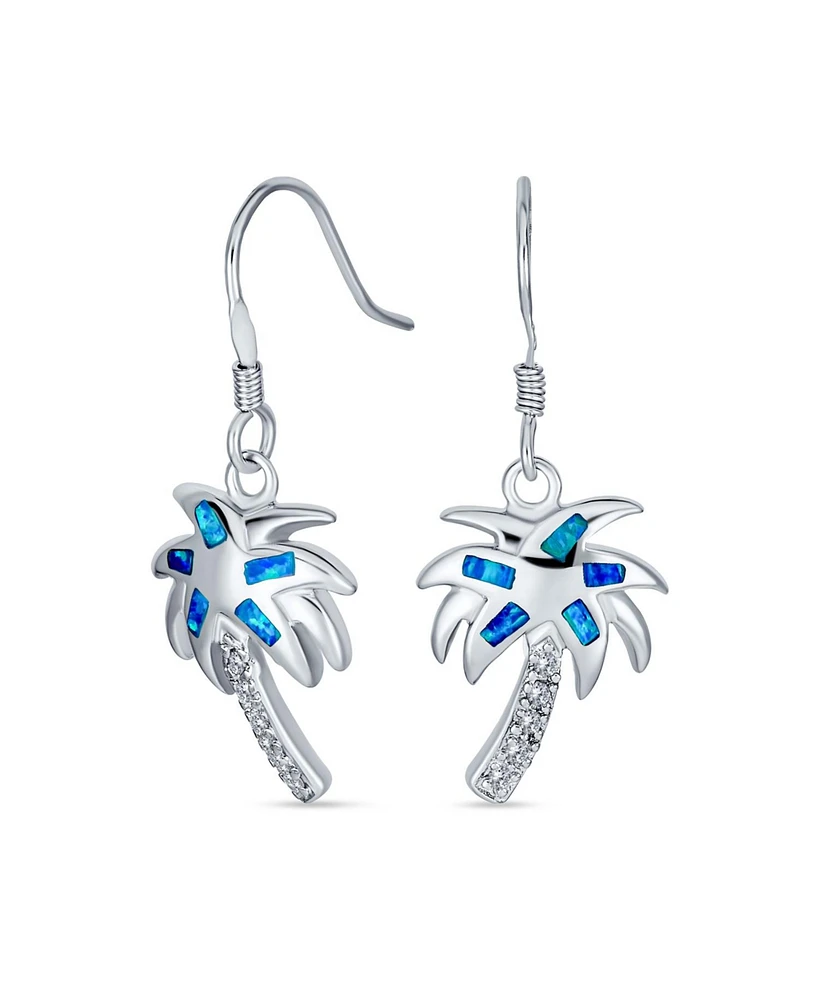 Bling Jewelry Created Blue Opal Beach Tropical Inlay Palm Tree Dangle French Wire Earrings .925 Sterling Silver
