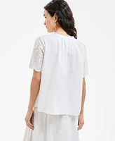Style & Co Petite Cotton Embroidered Pleated-Yoke Short-Sleeve Top, Exclusively at Macy's