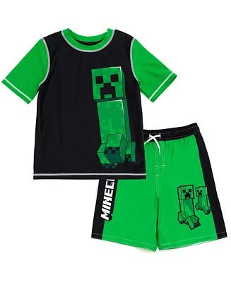 Minecraft Boys Zombie Creeper Alex Steve Rash Guard and Swim Trunks Outfit Set to