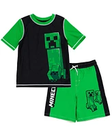 Minecraft Boys Zombie Creeper Alex Steve Rash Guard and Swim Trunks Outfit Set to