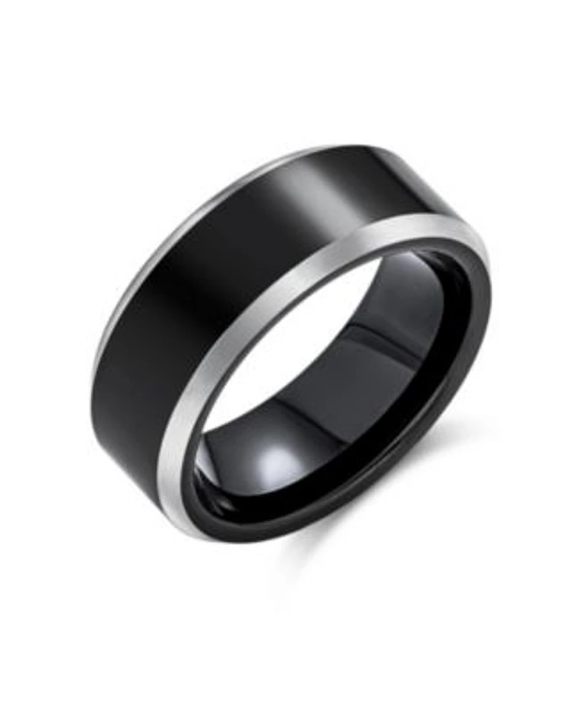 Bling Jewelry Simple Black Couples Titanium Band Ring Silver Two Tone Beveled Edge Comfort Fit