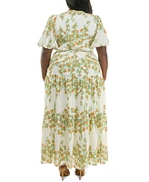 Taylor Plus Floral Split-Neck Puff-Sleeve Maxi Dress