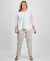 Kasper Plus Collarless Open-Front Cardigan Sweater