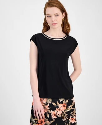 Kasper Women's Beaded-Trim Extended-Shoulder Top