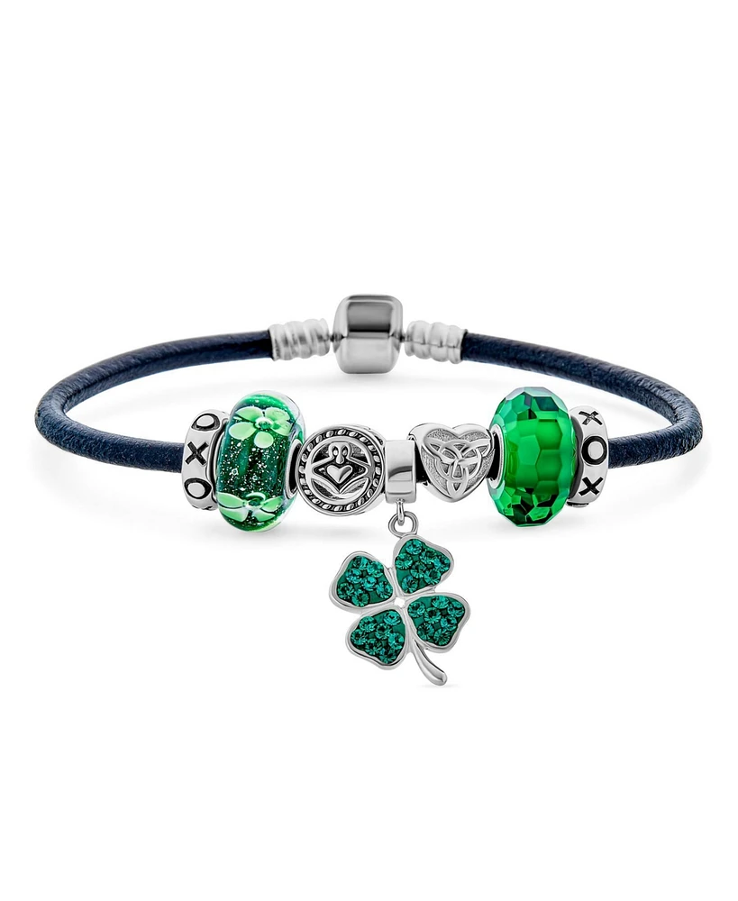 Bling Jewelry Celtic Clover Charm Bracelet with Irish Knot and Claddagh Bead on Leather 7.5 Inch