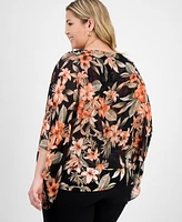 Kasper Plus Floral 3/4-Sleeve Poncho Top