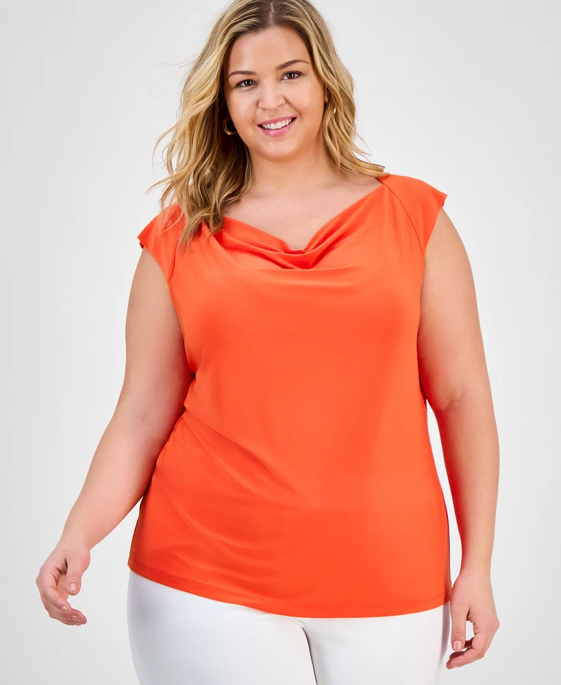 Kasper Plus Cowlneck Cap-Sleeve Top