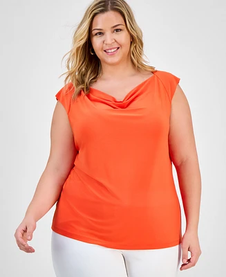 Kasper Plus Cowlneck Cap-Sleeve Top