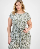 Kasper Plus Printed Tie-Waist Cap-Sleeve Top