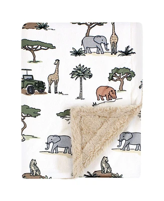 Hudson Baby Plush Blanket with Furry Binding and Back, Going On Safari, One Size
