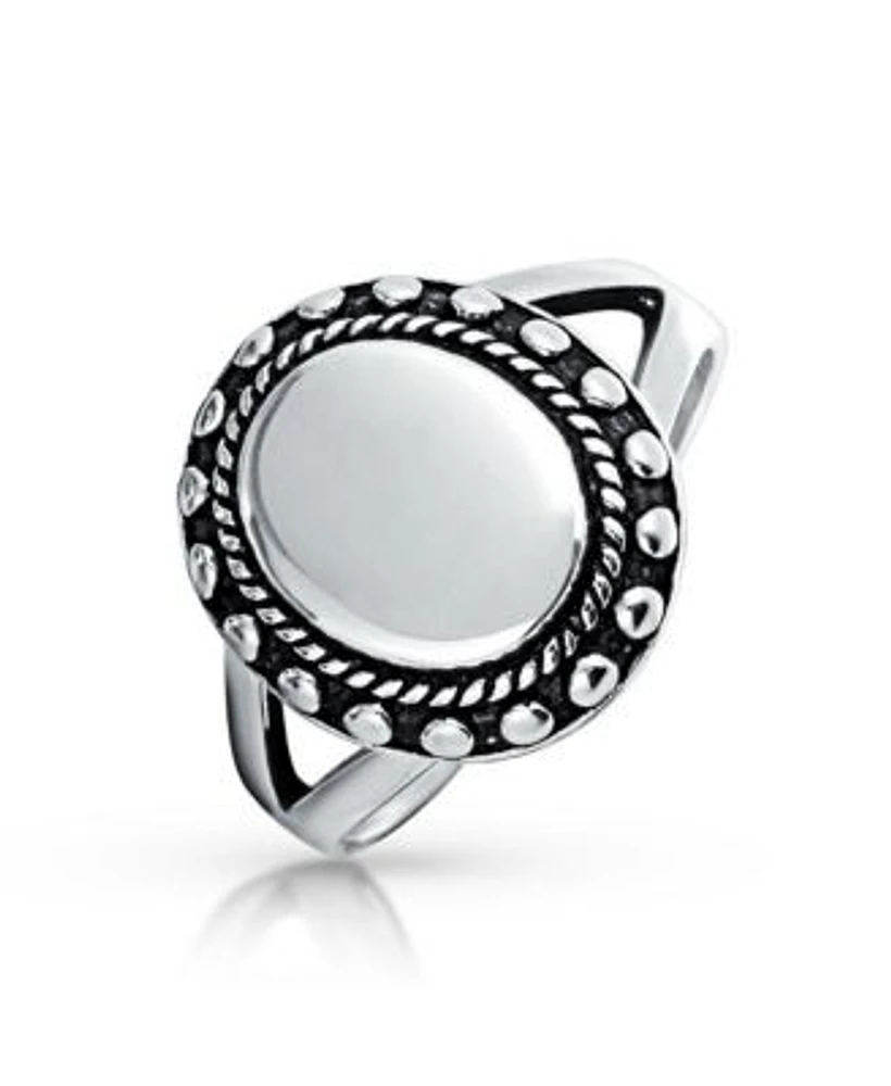 Bling Jewelry Beaded Halo .925 Sterling Silver Oval Signet Ring Split Shank Band