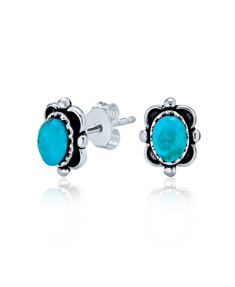 Bling Jewelry Boho Western Style Small Rectangle Oval Blue Lapis Turquoise Stud Earrings Oxidized .925 Sterling Silver