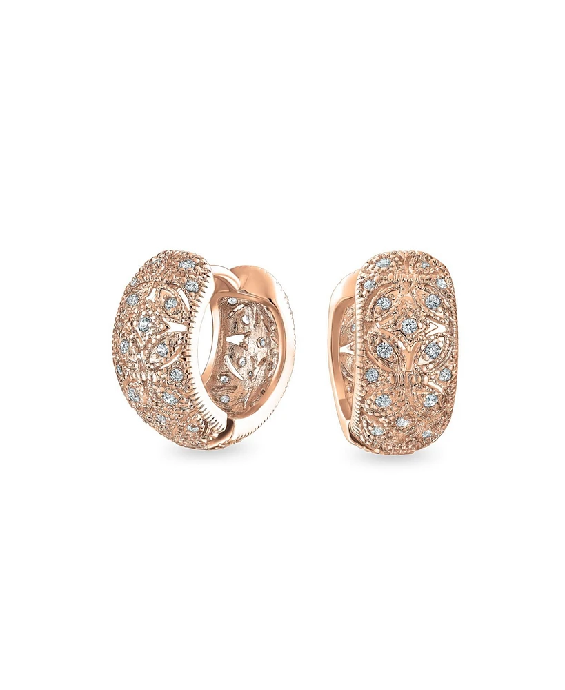 Bling Jewelry Victorian Style Filigree Flower Cz Accent Wide Huggie Hoop Earrings Cubic Zirconia Silver Rose Gold Plated