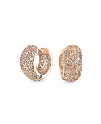 Bling Jewelry Victorian Style Filigree Flower Cz Accent Wide Huggie Hoop Earrings Cubic Zirconia Silver Rose Gold Plated