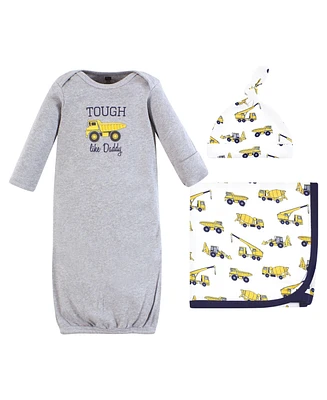 Hudson Baby Baby Boys Hudson Gown, Swaddle Blanket and Cap or Headband, Construction, 0-6 Months