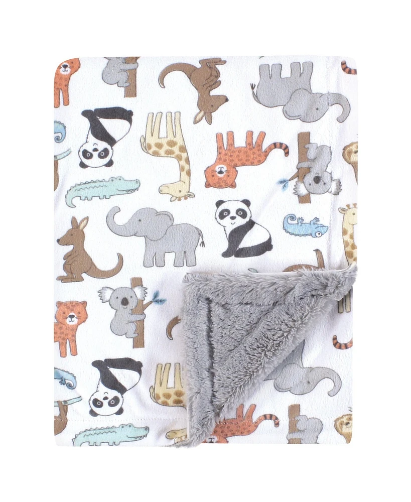 Hudson Baby Plush Blanket with Furry Binding and Back, Zoo Animals, One Size