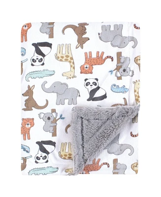 Hudson Baby Plush Blanket with Furry Binding and Back, Zoo Animals, One Size