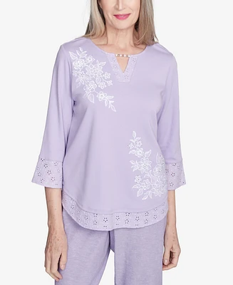Alfred Dunner Women's Crystal Springs Floral Embroidered Keyhole Neck Top