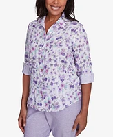 Alfred Dunner Women's Crystal Springs Floral Contrast Cuff Button Down Top
