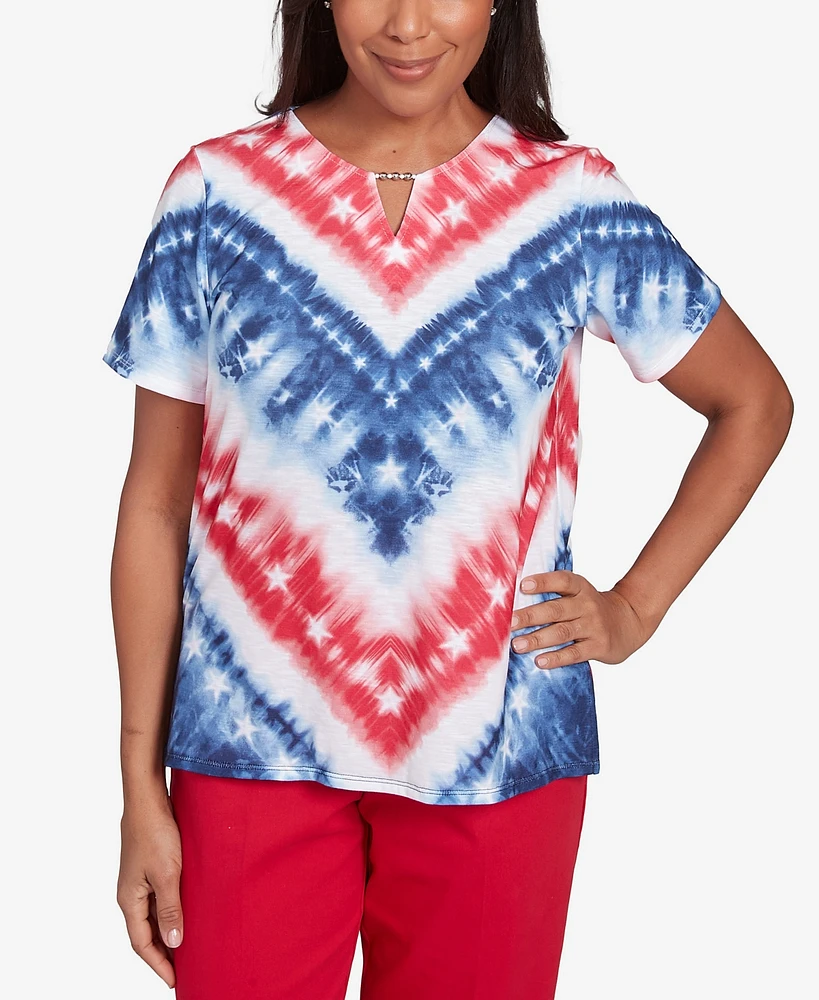 Alfred Dunner Women's Land of The Free Tie Dye American Chevron Keyhole Neck T-Shirt