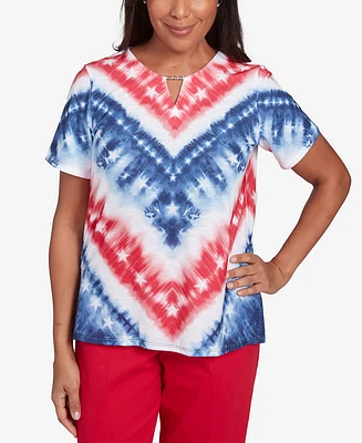 Alfred Dunner Women's Land of The Free Tie Dye American Chevron Keyhole Neck T-Shirt