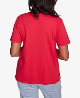 Alfred Dunner Women's Land of The Free Embroidered Stars Crisscross V-Neck T-Shirt