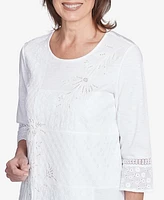 Alfred Dunner Women's St. Thomas Lace Patchwork Embellished Sleeve Crew Neck Top