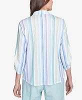 Alfred Dunner Women's St. Thomas Island Mint Stripe Knit Collared Neck Top